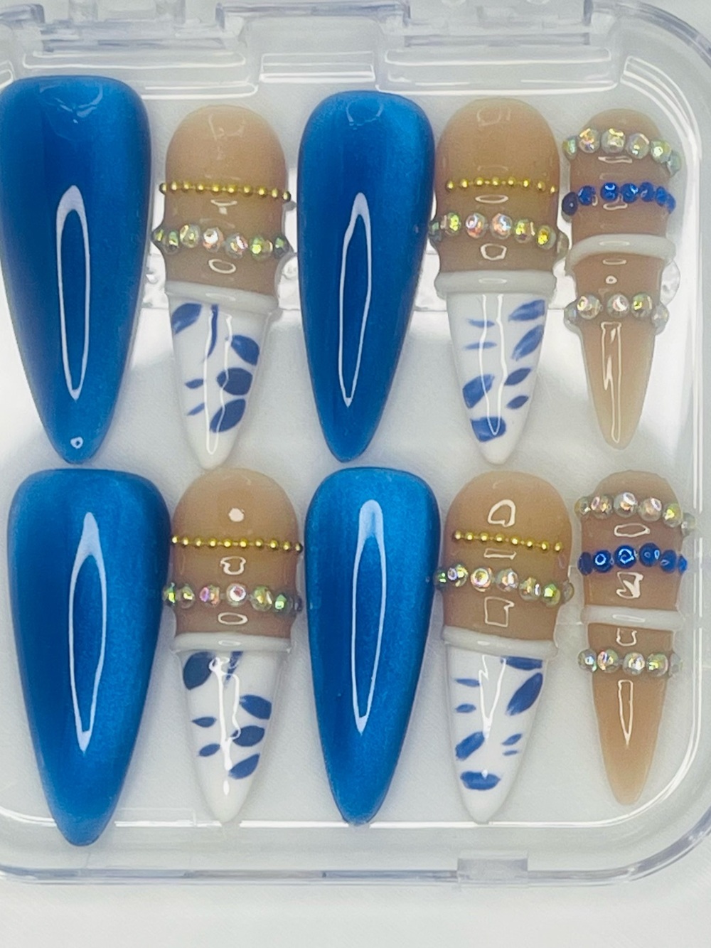 Blue & Nude Rhinestone Stiletto Handmade Press-On Nails